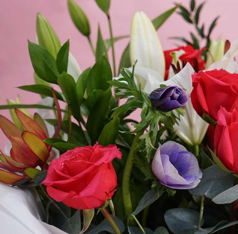 A close-up of a mixed flower bouquet featuring a bright red rose, red ranunculus, white lilies, purple anemone, and green foliage against a soft pink background.