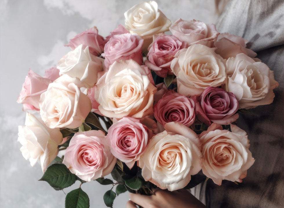 Bouquet of pink and white roses on a light background