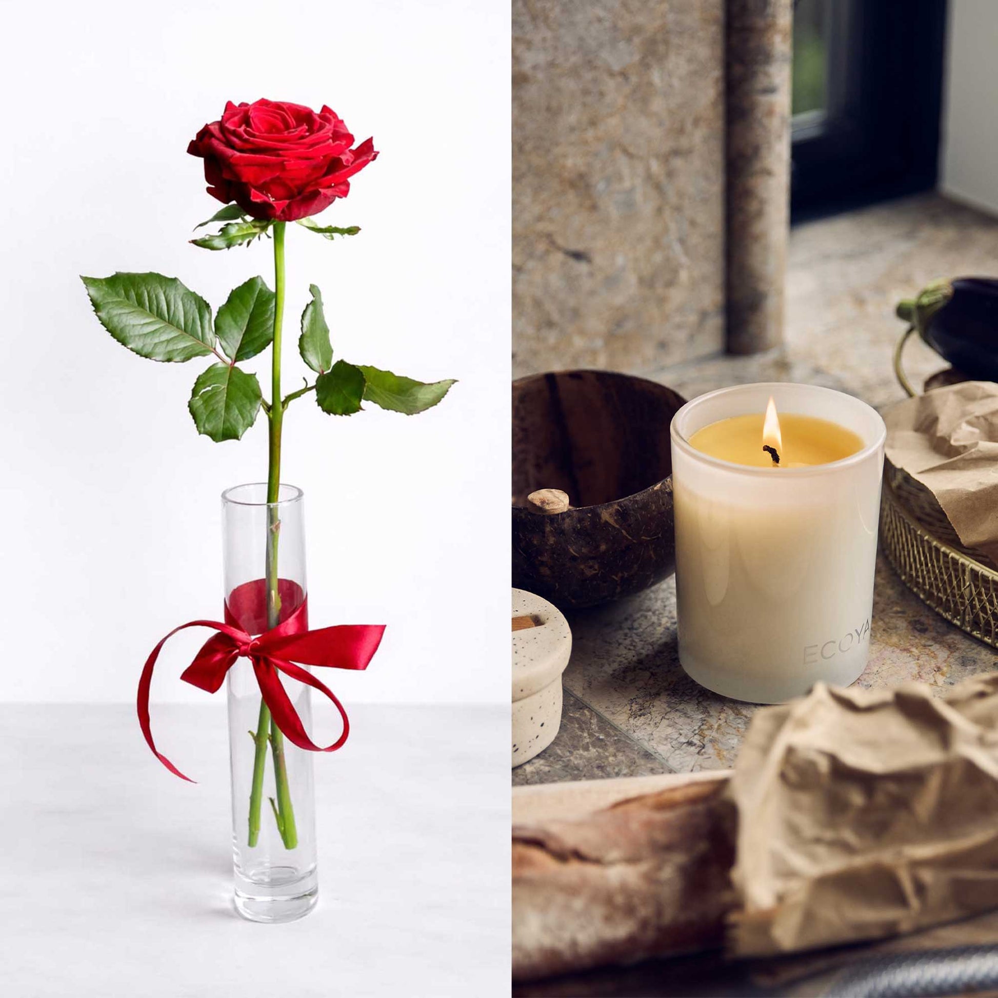 Valentines duo of vase, rose and candle