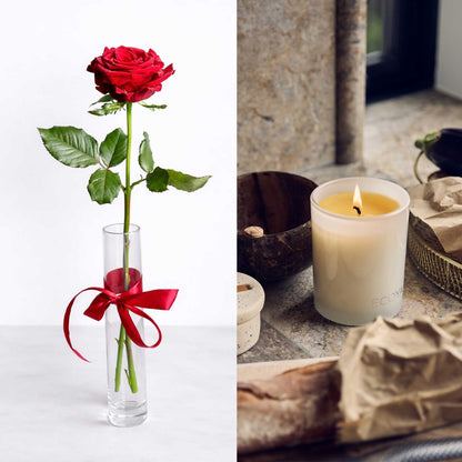 Valentines duo of vase, rose and candle