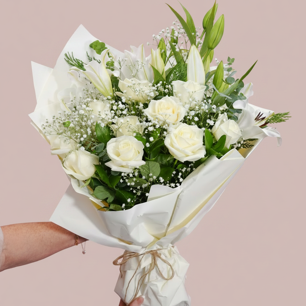 A bouquet of white roses, lilies, and baby's breath flowers wrapped in white paper and held by two hands against a solid pink background.