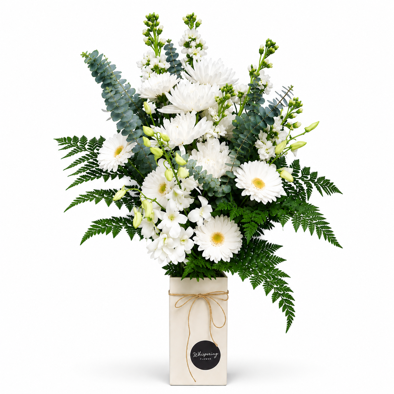 Bouquet of white flowers with greenery in a decorative box on a white background