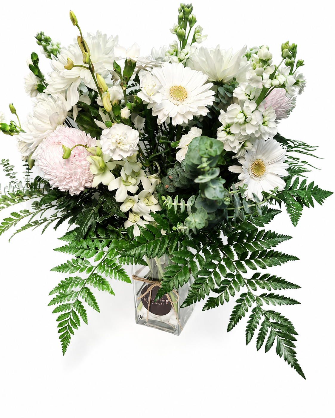 Bouquet of white and pink flowers with greenery on a white background