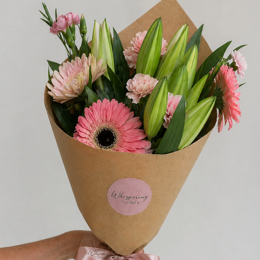 Mum's Pink Posy Mother's Day bouquet — pink lilies, gerberas, and roses wrapped in kraft paper with pink ribbon. Auckland florist Mount Wellington.