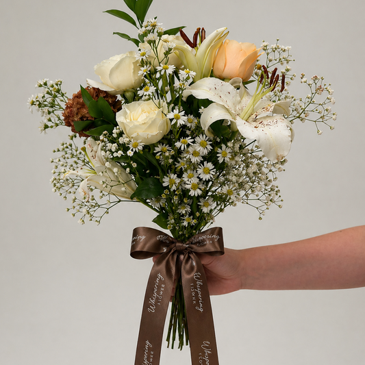 Mum's Signature Bloom — premium Mother's Day bouquet with white roses, stargazer lilies, and gypsophila wrapped in kraft paper. Hand-wrapped in Mount Wellington and delivered across Auckland.
