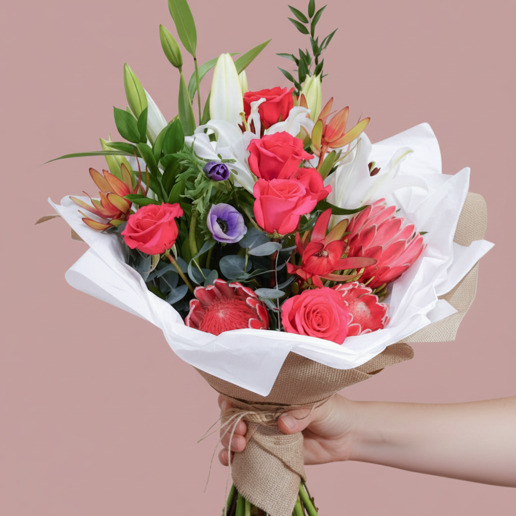 A floral bouquet wrapped in white tissue paper and a burlap band, arranged in a clear glass jar. The bouquet features bright pink roses, white lilies, green leaves, and protea flowers, set against a solid pink background.