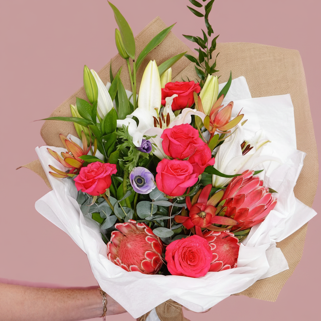 A vibrant mixed flower bouquet held by a person's hand against a white background, featuring red roses, red protea, white lilies, green foliage, and a purple flower wrapped in white tissue paper and brown kraft paper.