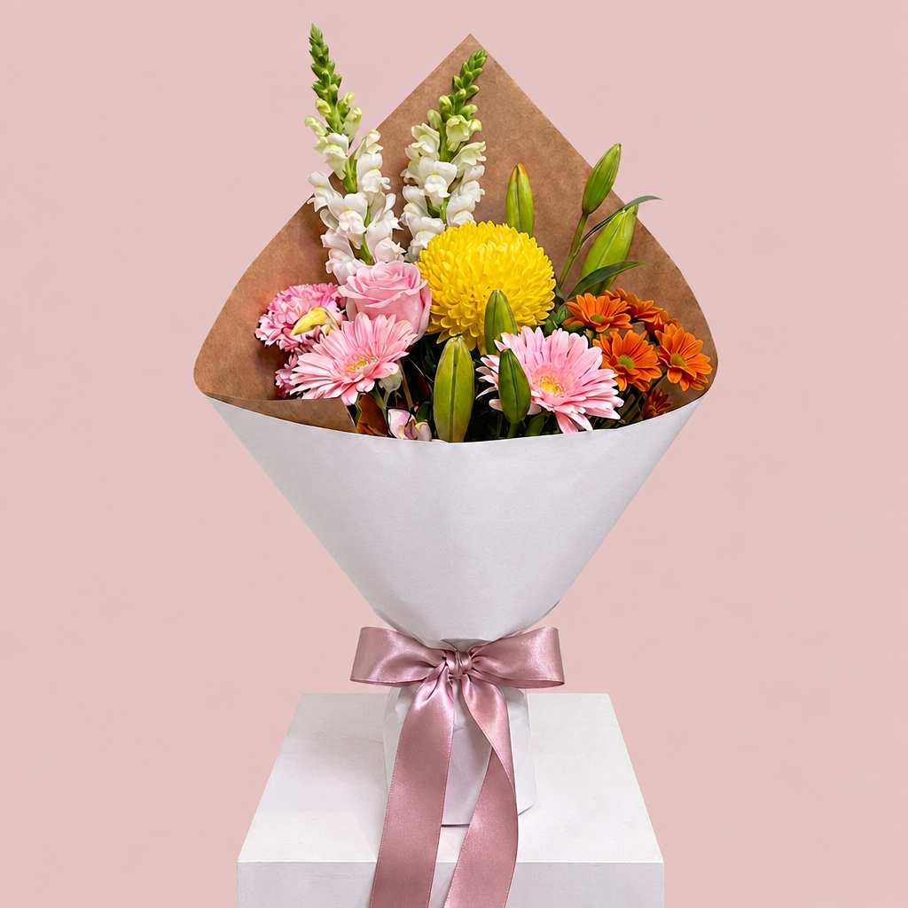 A wrapped flower bouquet with pink, yellow, orange, and white flowers, wrapped in brown and white paper with a pink ribbon, displayed on a white pedestal against a solid pink background.