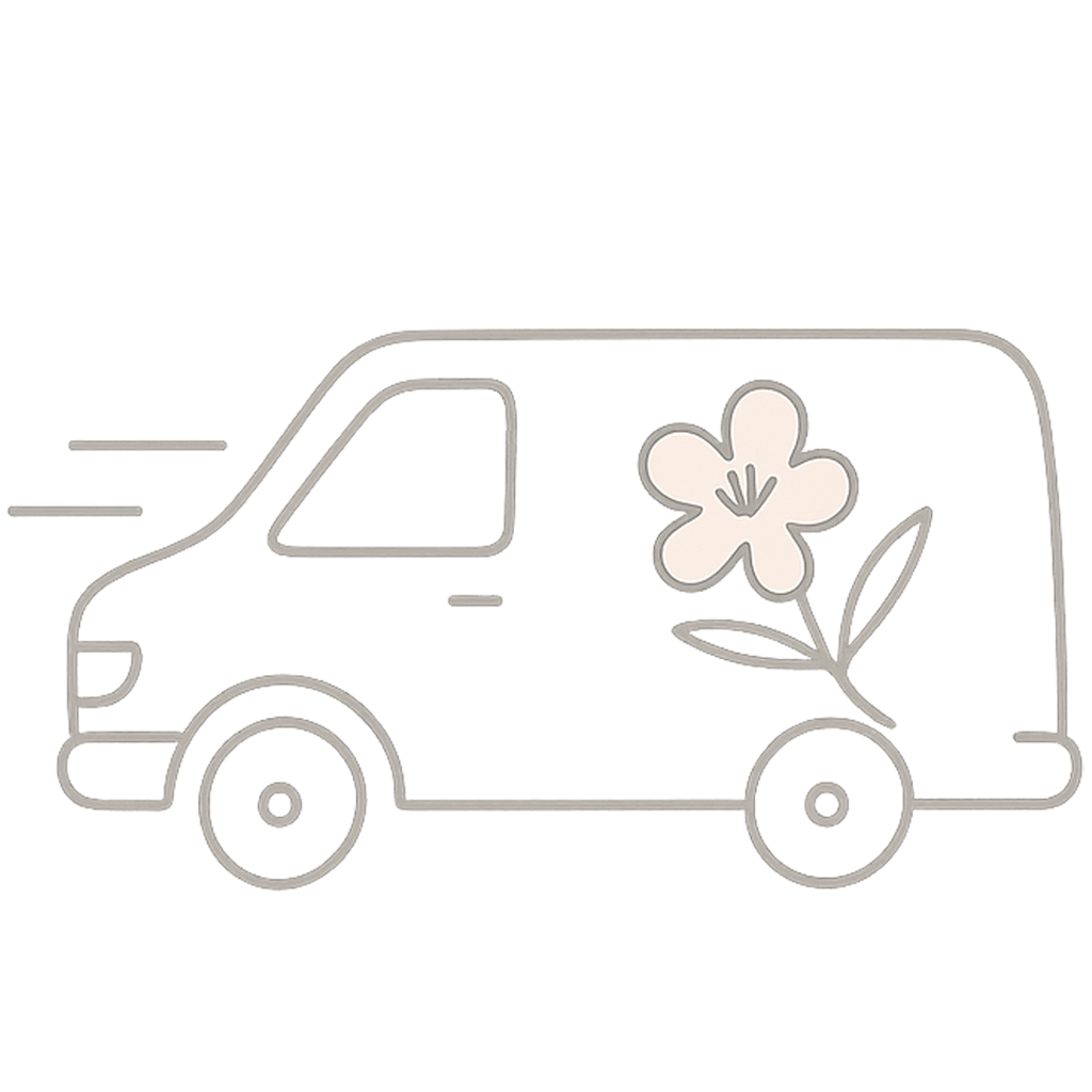 Outline of a delivery van with a flower on a white background